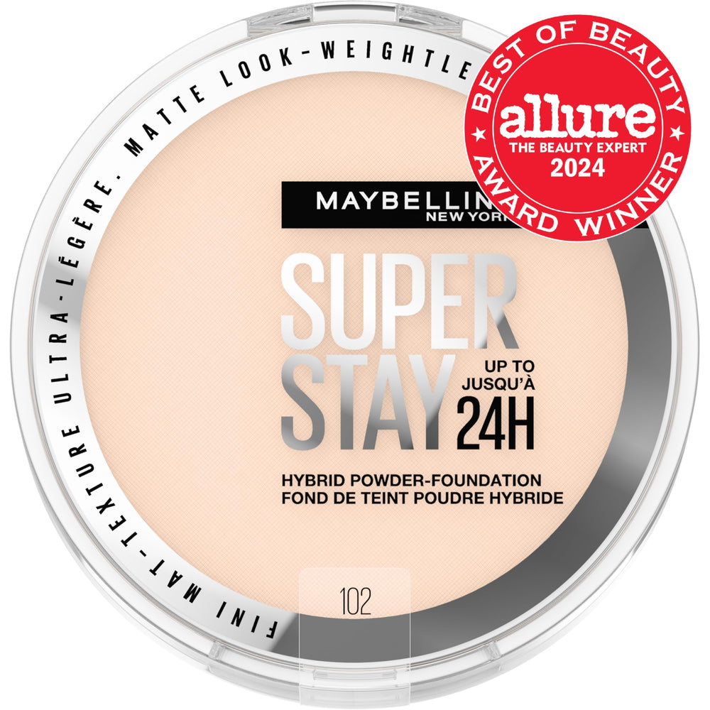 Maybelline Super Stay Hybrid Powder Foundation shade 102 swatch for medium-to-full coverage.