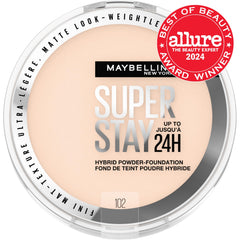 Maybelline Super Stay Hybrid Powder Foundation shade 102 swatch for medium-to-full coverage.