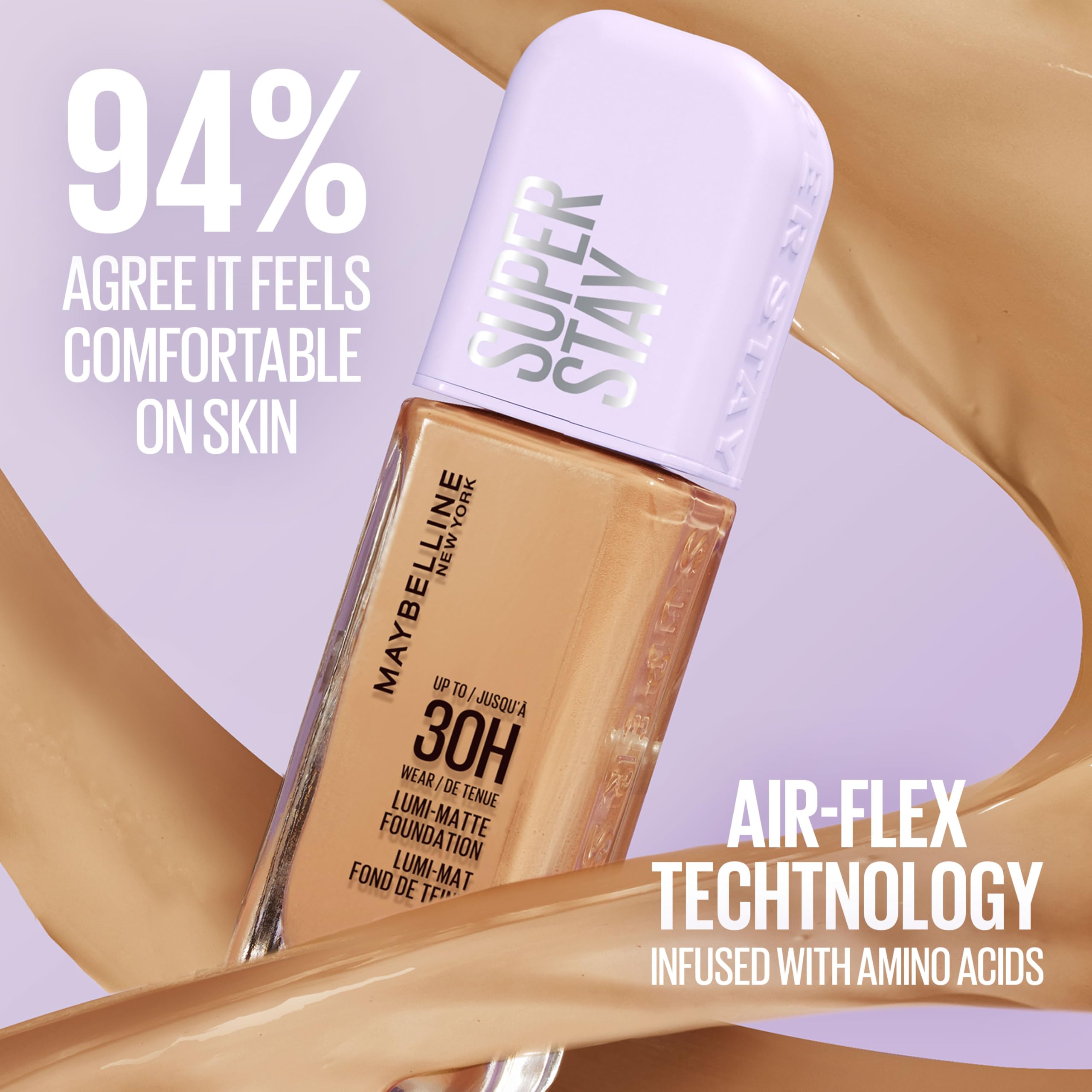 Maybelline Super Stay Lumi-Matte Foundation amino acids closeup hints skin-friendly luminosity.