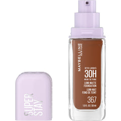 Maybelline Super Stay Lumi-Matte Foundation bottle closeup for lightweight, all-day wear.
