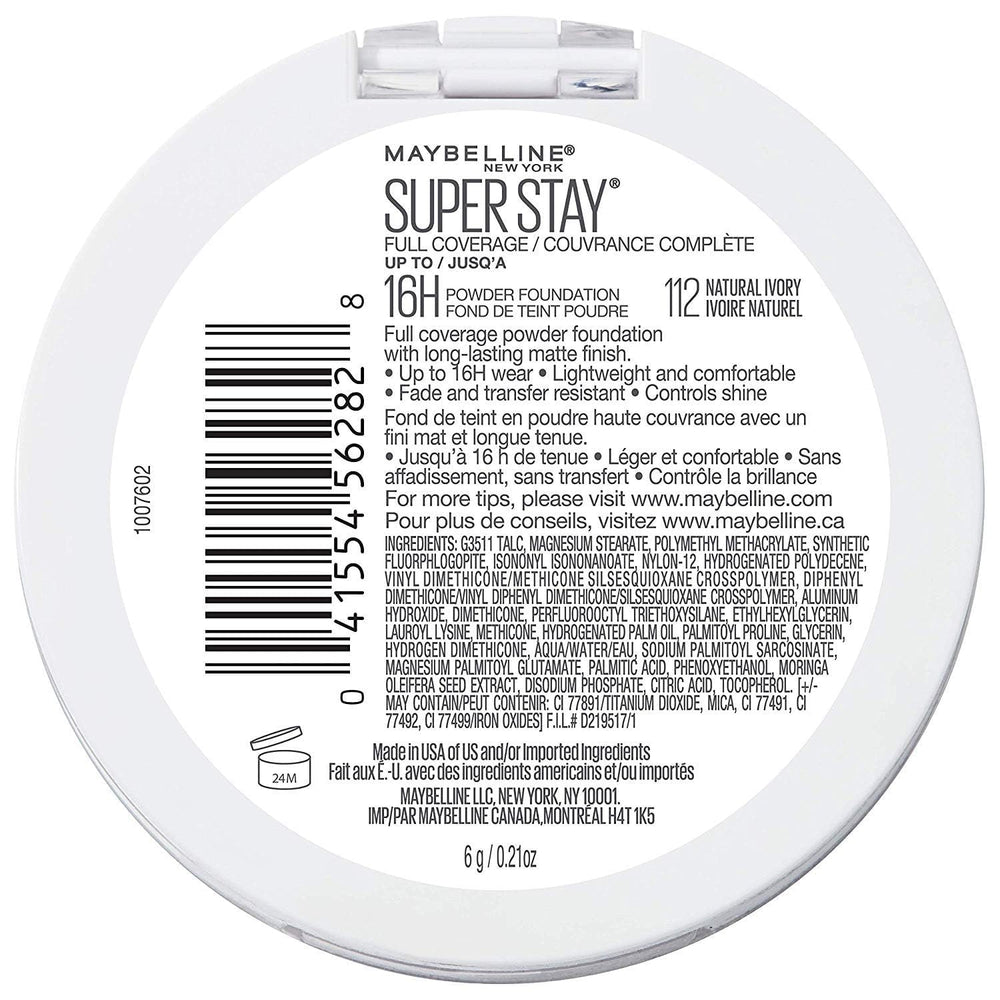 Maybelline Super Stay powder foundation applied for full-coverage look.
