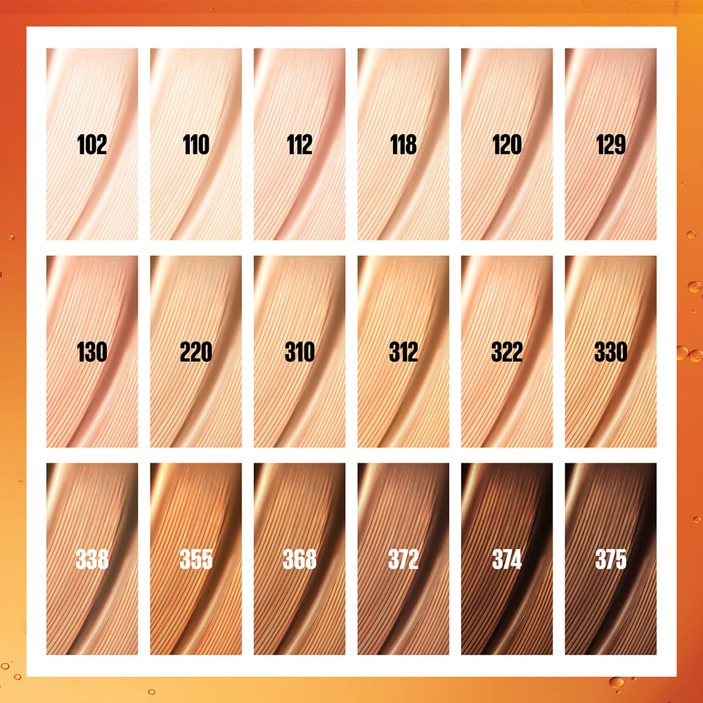 Display of 18 shade options for Maybelline Super Stay Skin Tint
