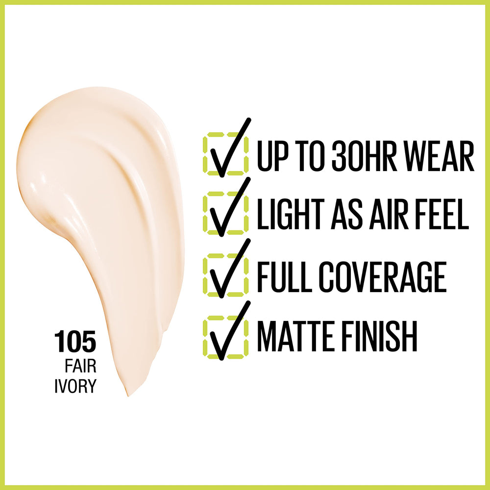 Maybelline Super Stay swatch on skin displaying full coverage and matte finish.