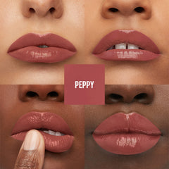 Maybelline Super Stay Vinyl Ink applied lip Peppy Pink swatch with instant shine