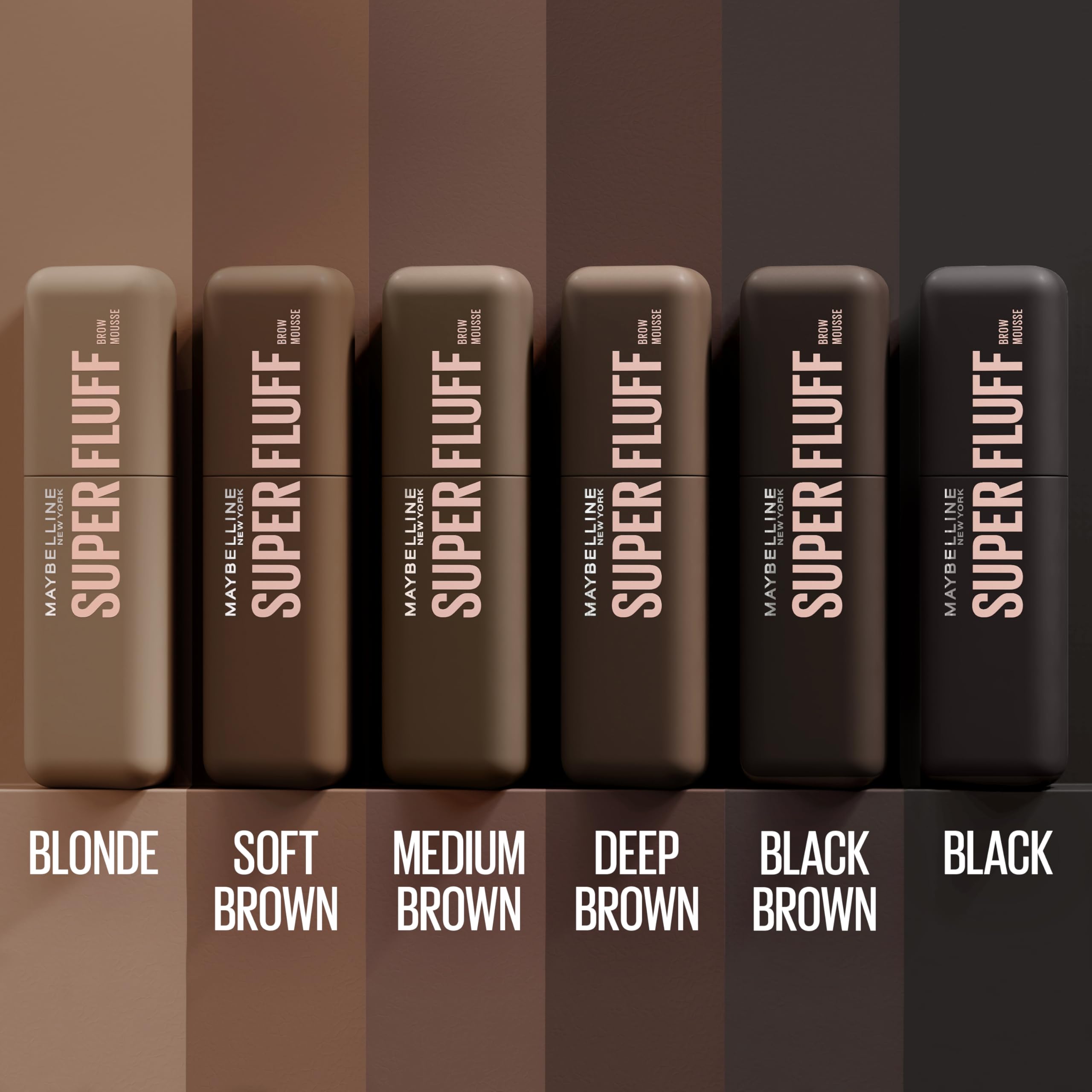 Maybelline Superfluff Brow Mousse formula shown as stiff-resistant, flake-resistant brow gel.