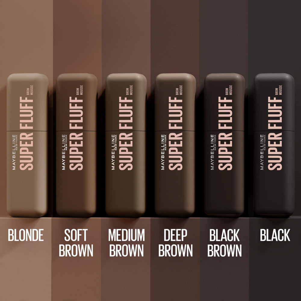 Maybelline Superfluff Brow Mousse formula shown as stiff-resistant, flake-resistant brow gel.