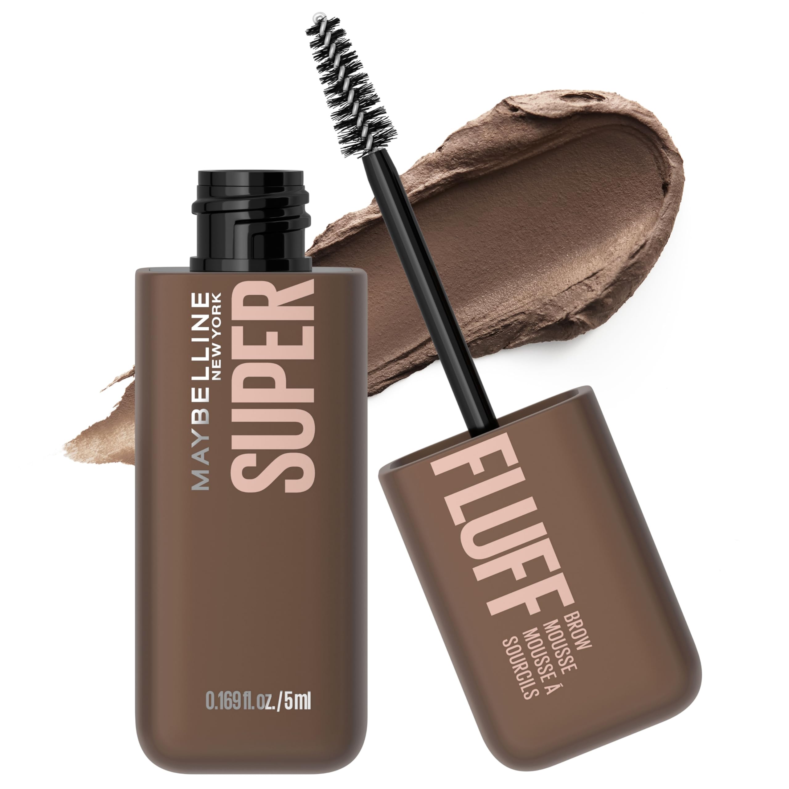 Maybelline Superfluff Brow Mousse tube in medium brown for soft full brows.