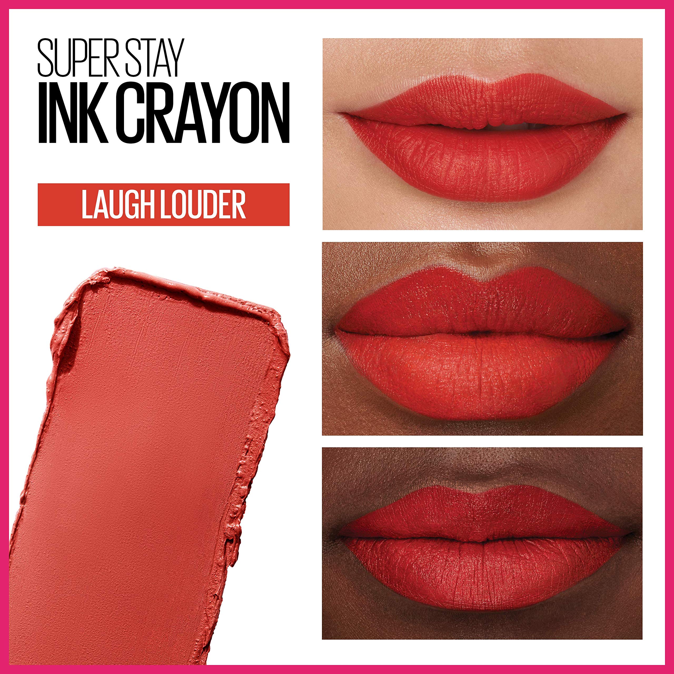 Maybelline SuperStay Ink Crayon Laugh Louder lip swatch shows rich matte color on lips.