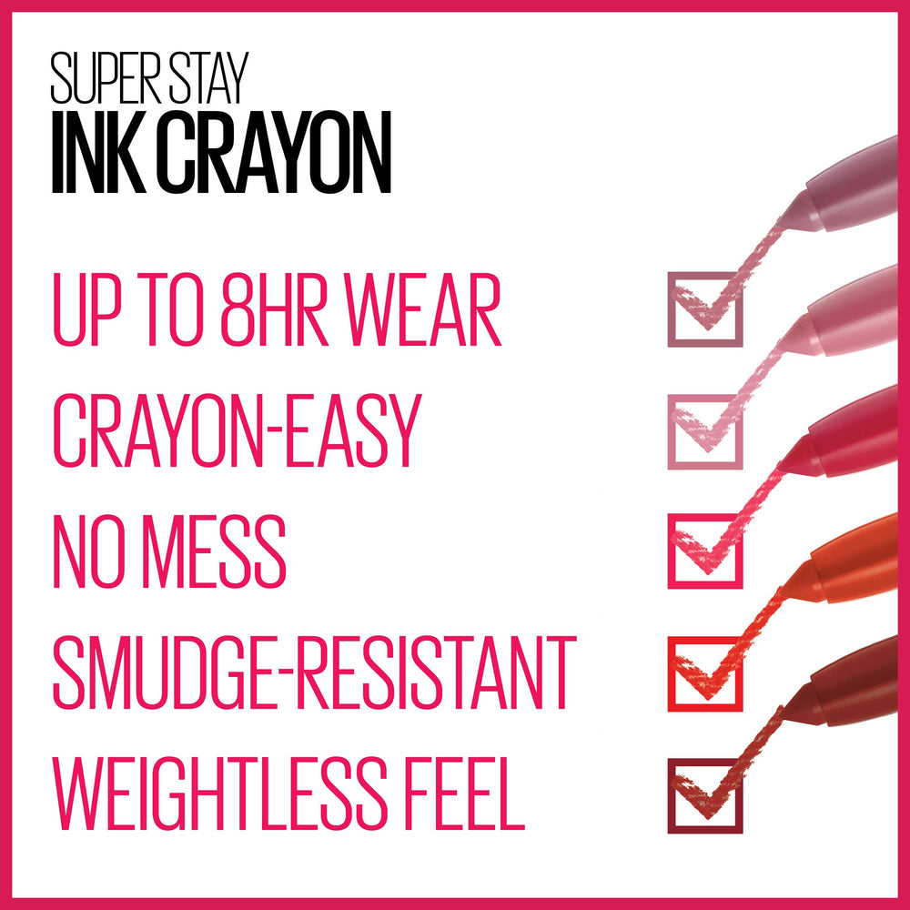 Maybelline SuperStay Ink Crayon on lips in a smooth, comfortable matte shade