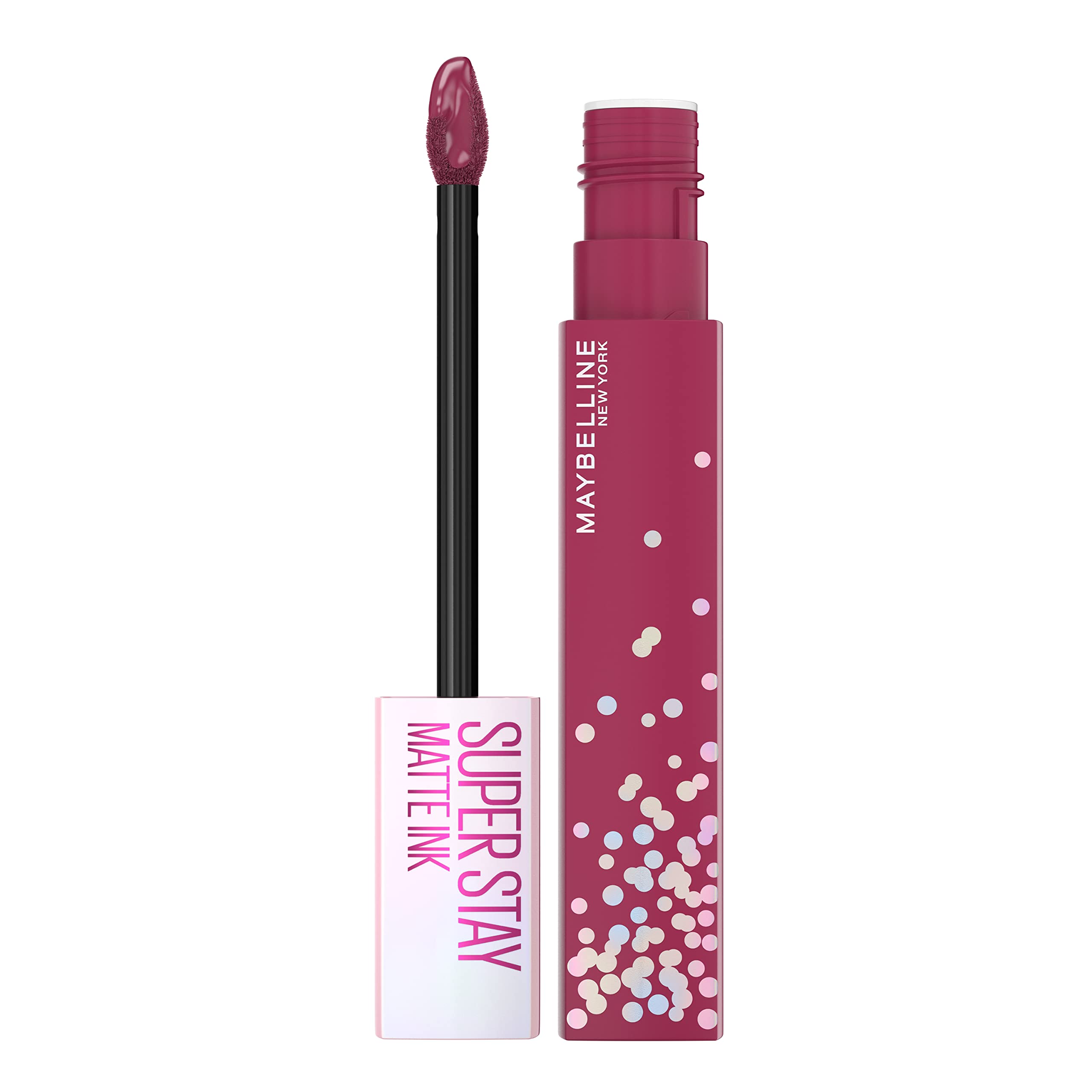 Maybelline Super Stay Matte Ink bottle demonstrates long-wear pigment for all-day bold lips