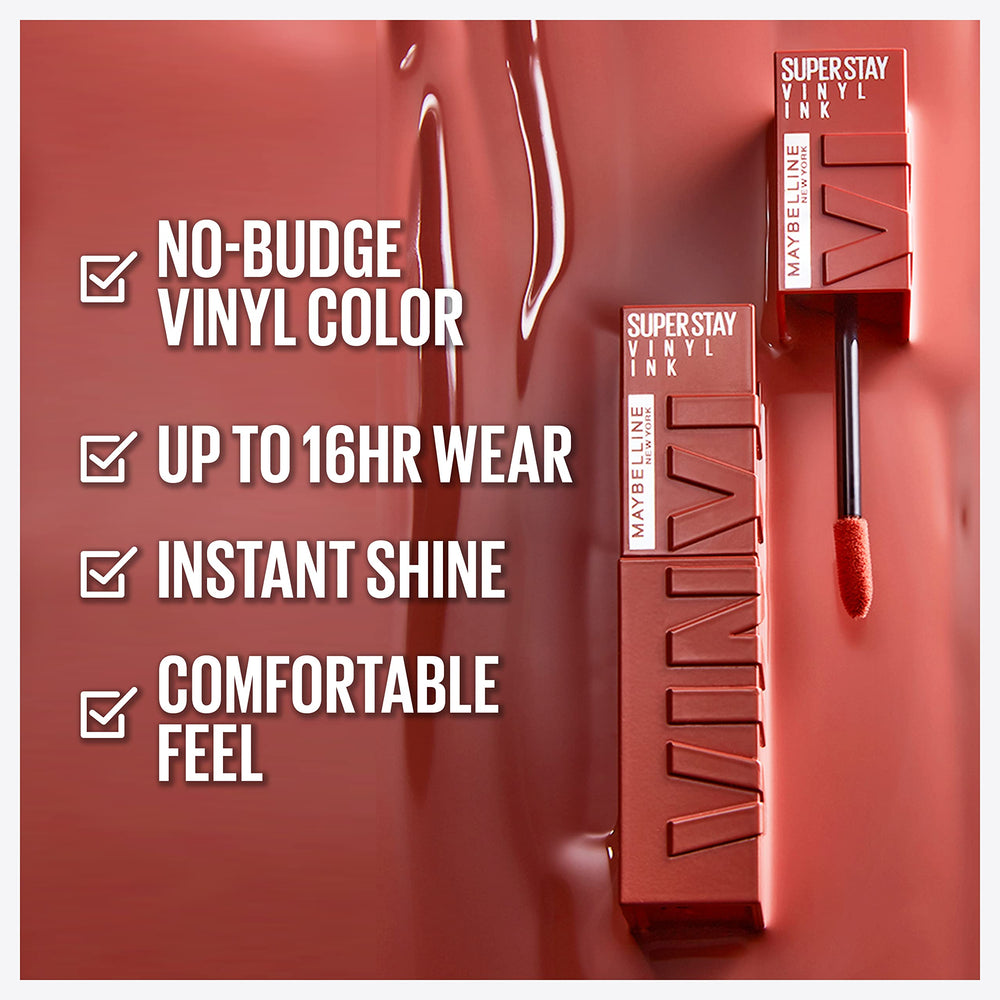 Maybelline Super Stay Vinyl Ink applicator close-up—precise swipe for smooth application