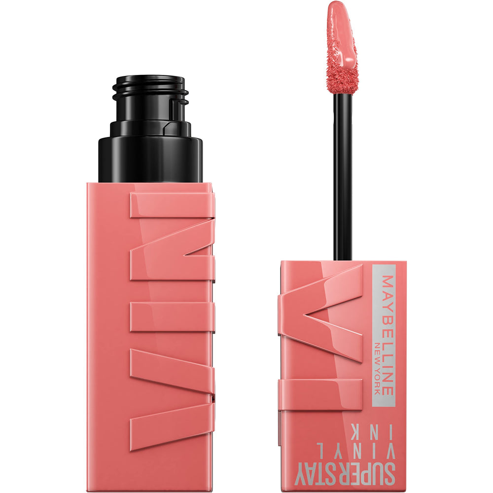Maybelline Super Stay Vinyl Ink Charmed Pink swatch on lips with instant shine.
