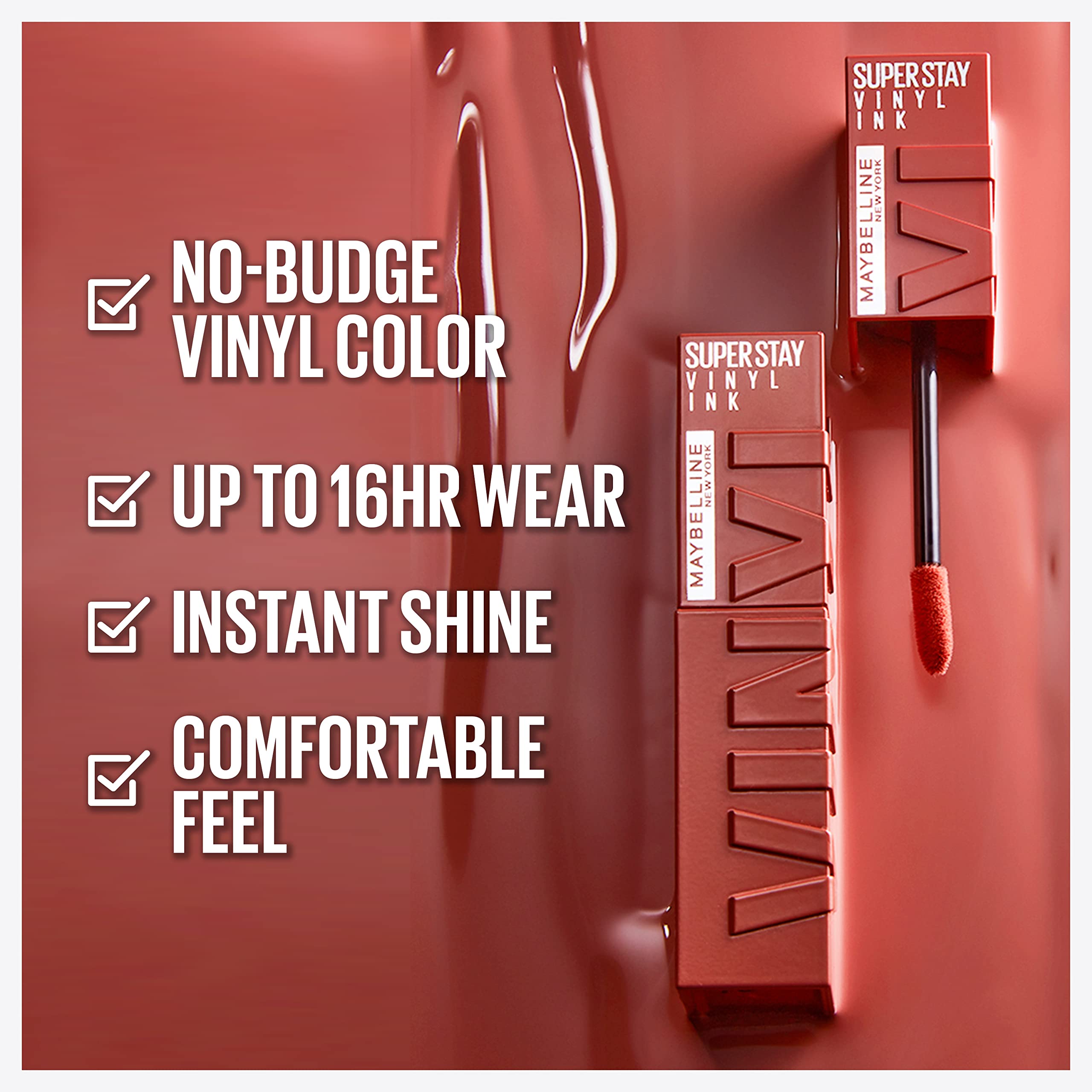 Maybelline Super Stay Vinyl Ink closeup shows glossy finish and vibrant color payoff.