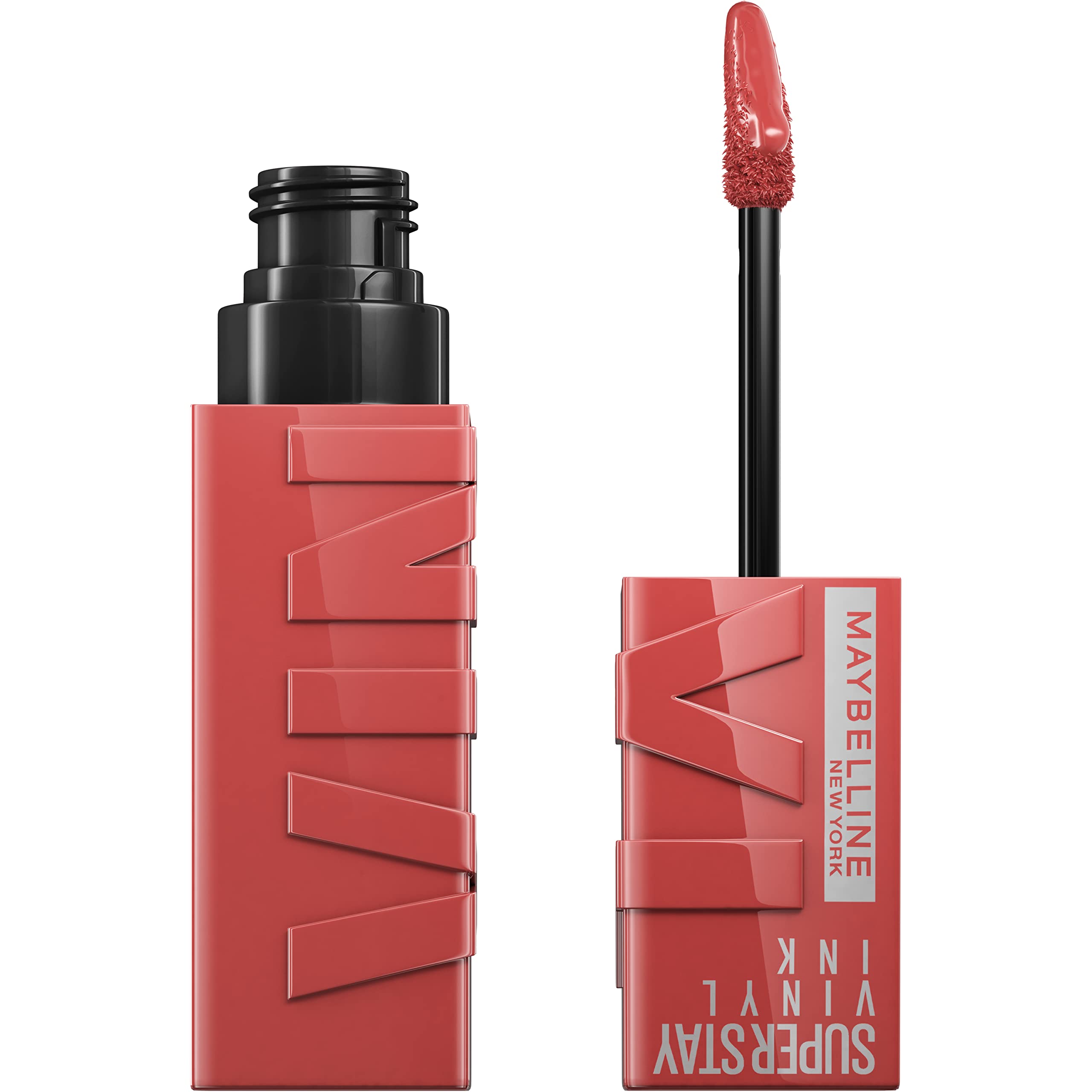 Maybelline Super Stay Vinyl Ink peachy nude swatches show rich pigment with gloss.