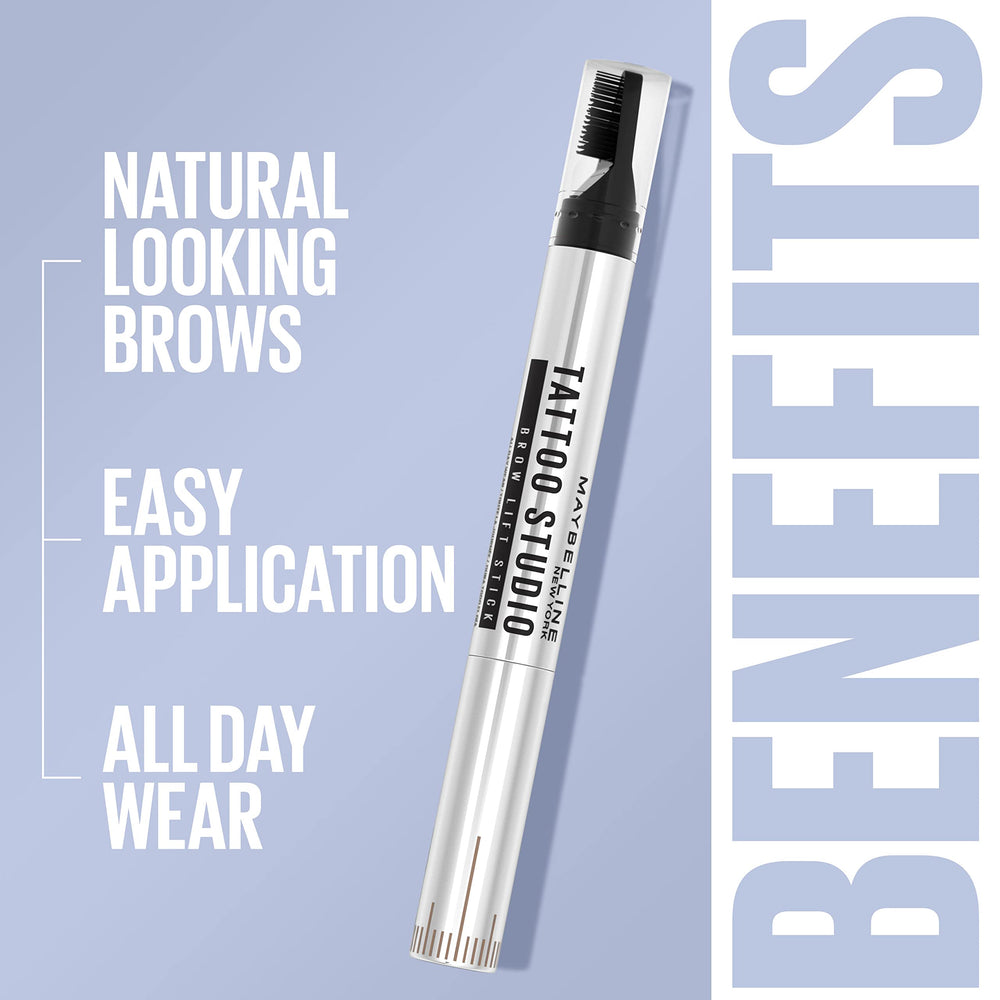 Maybelline TattooStudio Brow Lift Stick fade-resistant brows for all-day wear.