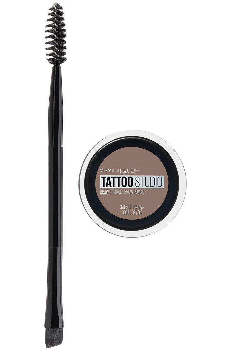 Maybelline TattooStudio Brow Pomade Soft Brown tube for long-lasting color.