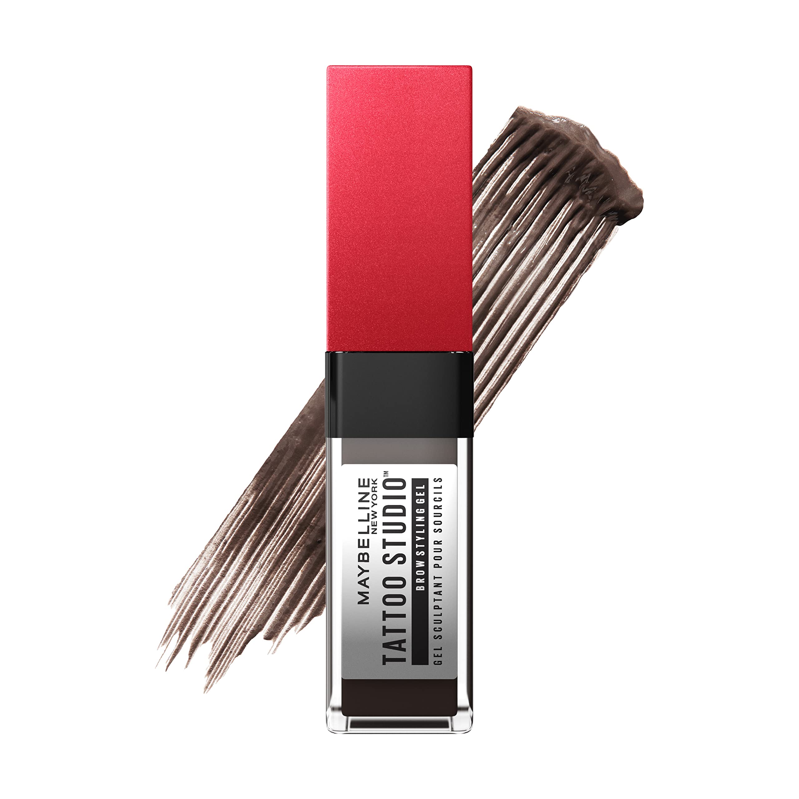 Maybelline Tattoo Studio Brow Styling Gel tube swatch showing rich pigment and natural color.