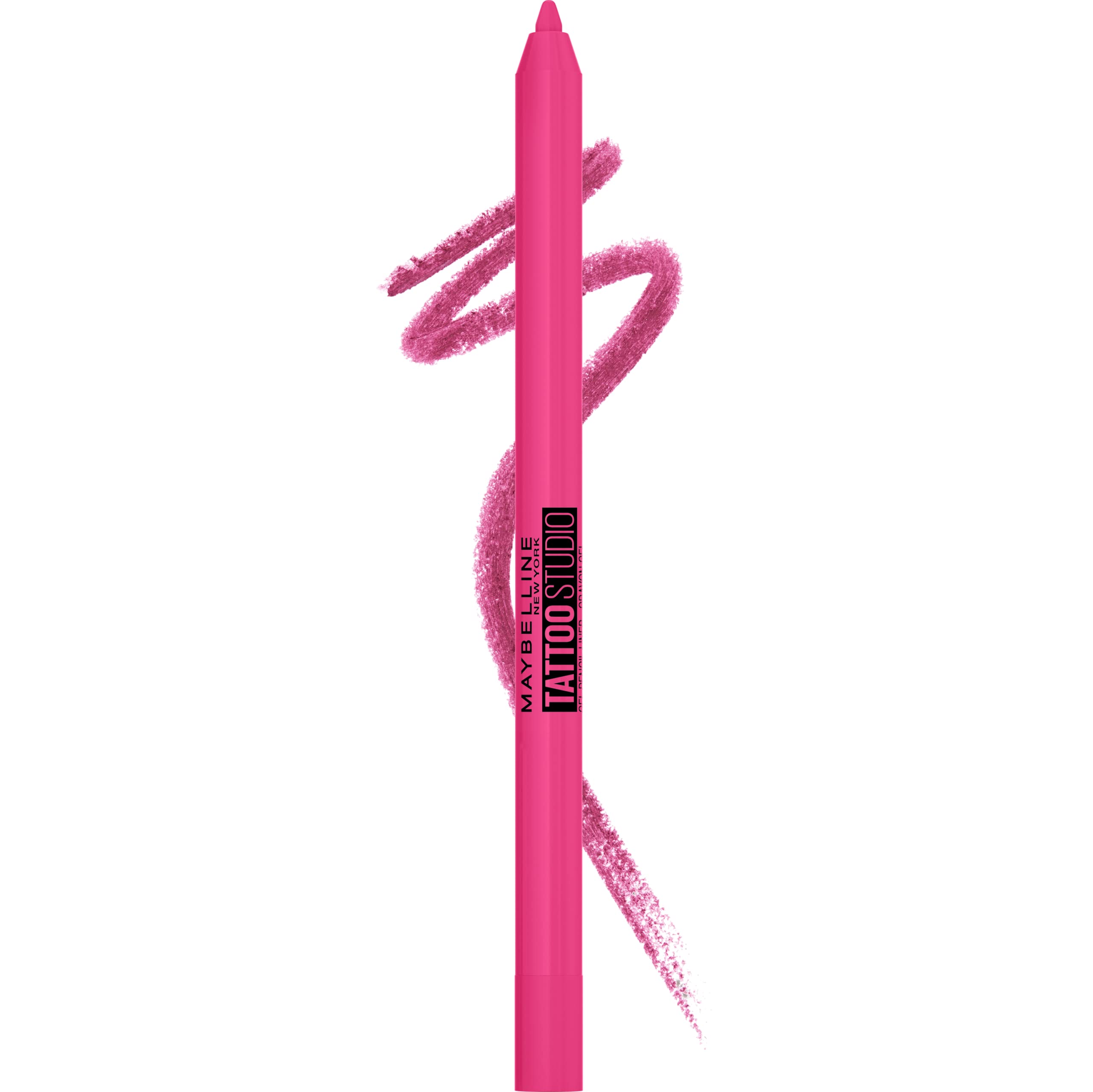 Maybelline Tattoo Studio Eyeliner Ultra Pink pencil closeup for sharp, lasting color.