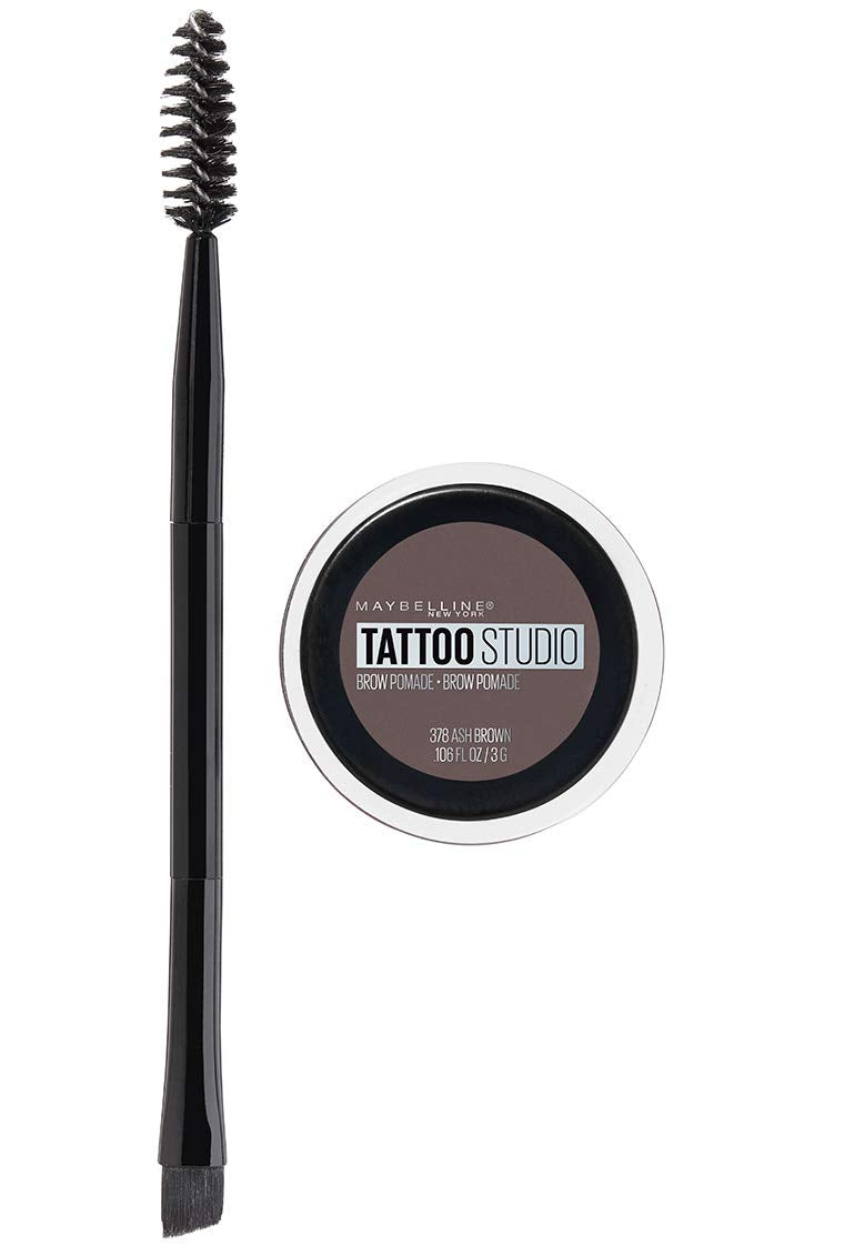 Maybelline TattooStudio Brow Pomade ash brown packaging highlights long wear
