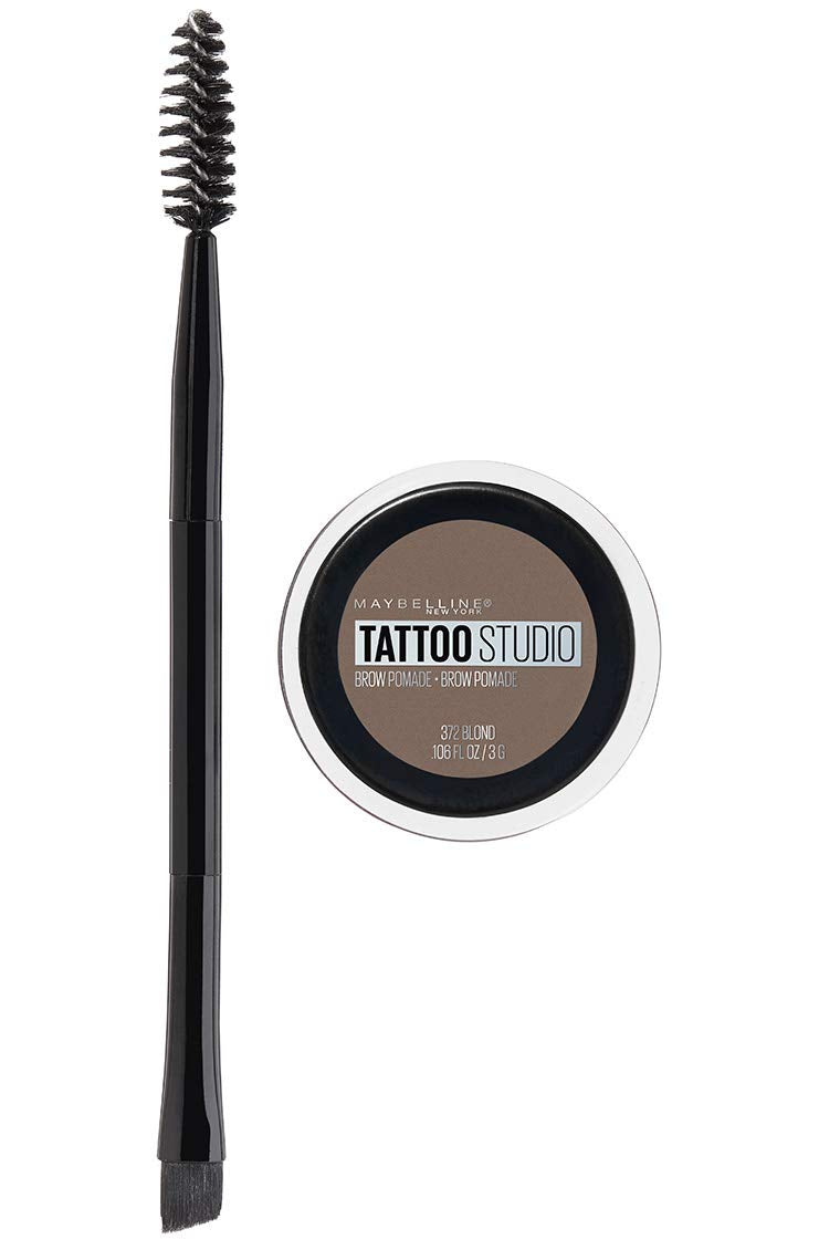 Maybelline TattooStudio Brow Pomade Blonde tube close-up for long-lasting color