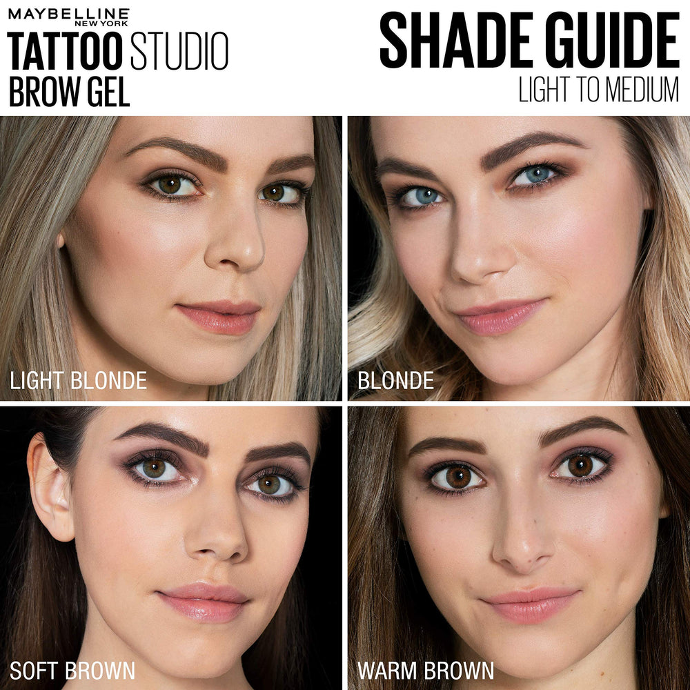 Maybelline TattooStudio Soft Brown waterproof brow gel application on skin