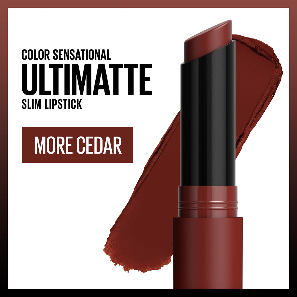 Maybelline Ultimatte Cedar swatch on skin demonstrates long-lasting matte payoff.