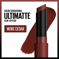 Maybelline Ultimatte Cedar swatch on skin demonstrates long-lasting matte payoff.
