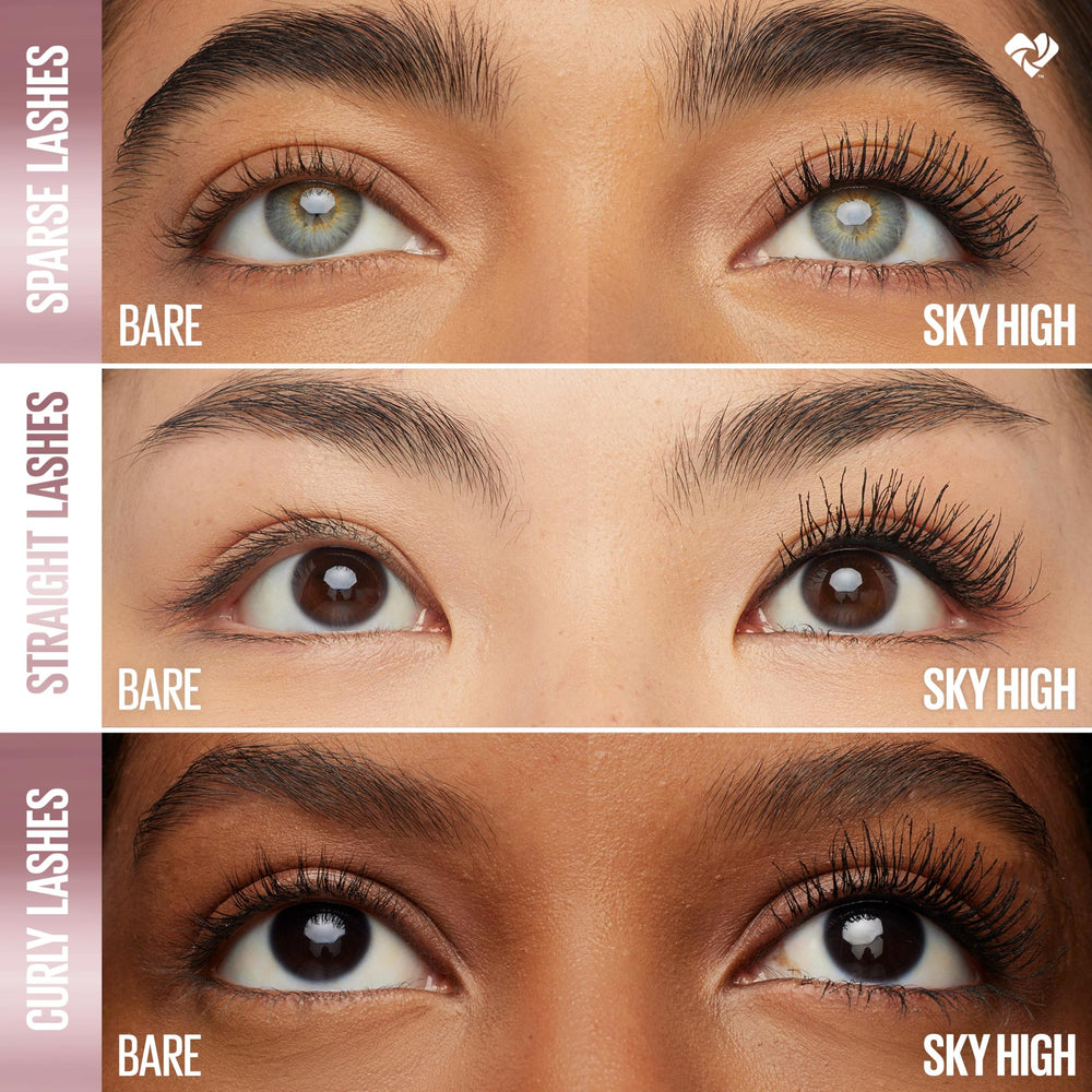 Maybelline Very Black swatch on lashes illustrating dramatic length benefit