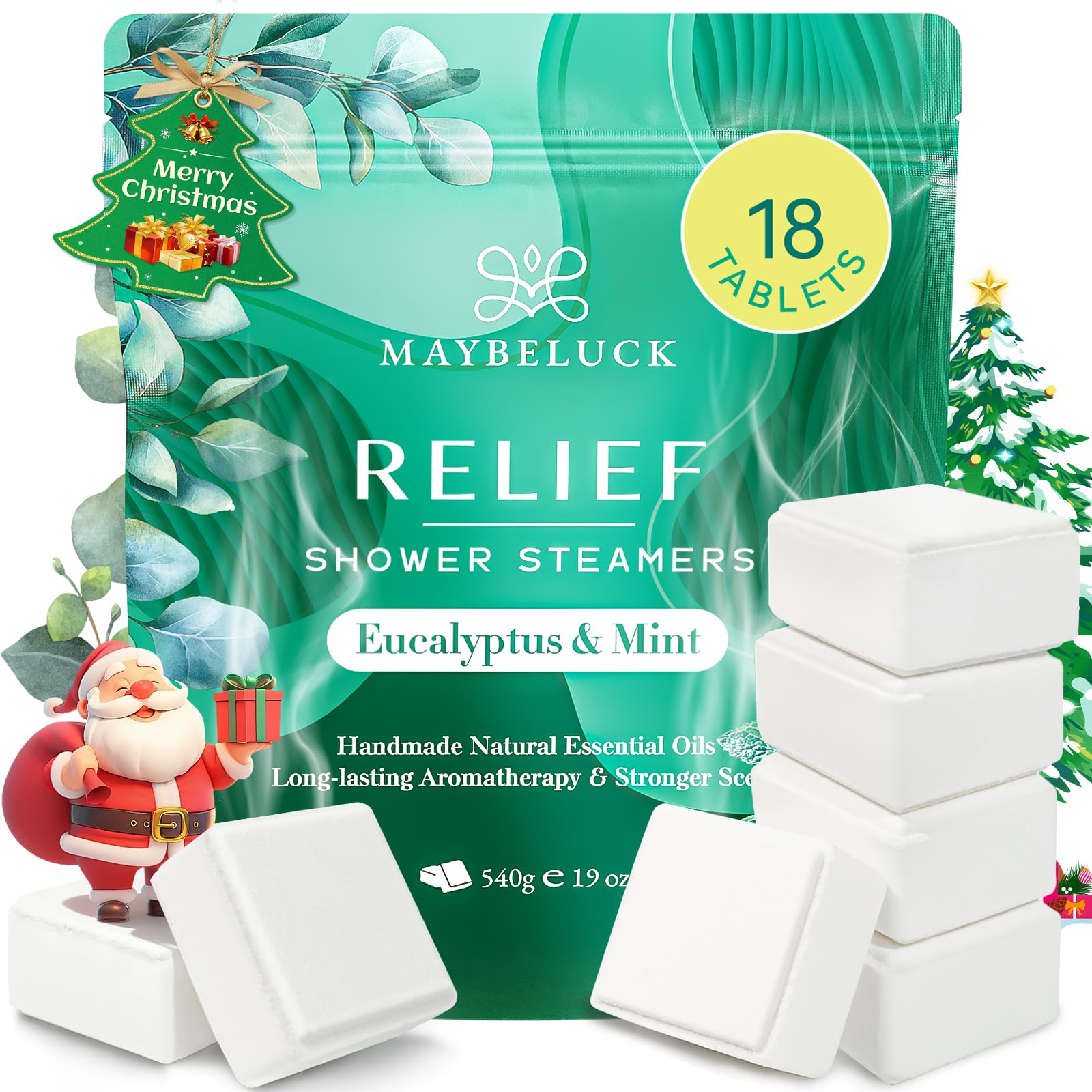 Maybeluck Eucalyptus Mint Shower Steamers 18-pack in box ready for aromatherapy showers.