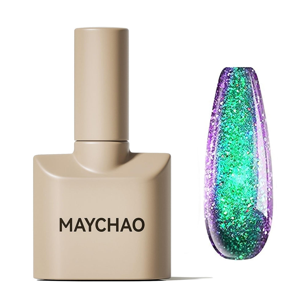 Maychao chameleon gel nail polish shows green to purple color shift for at home manicure