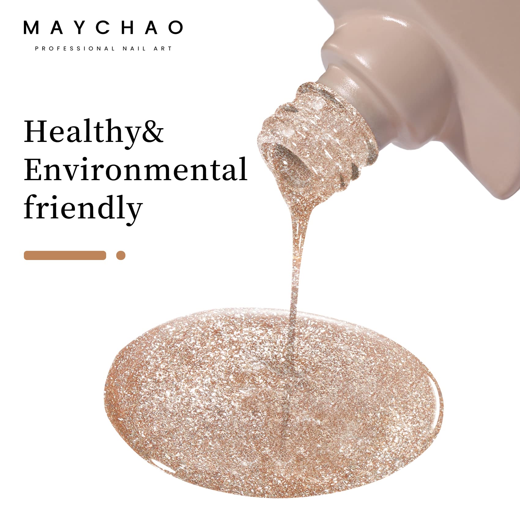 MAYCHAO glitter shimmer gel nail polish highlights nails under LED light for vibrant color.
