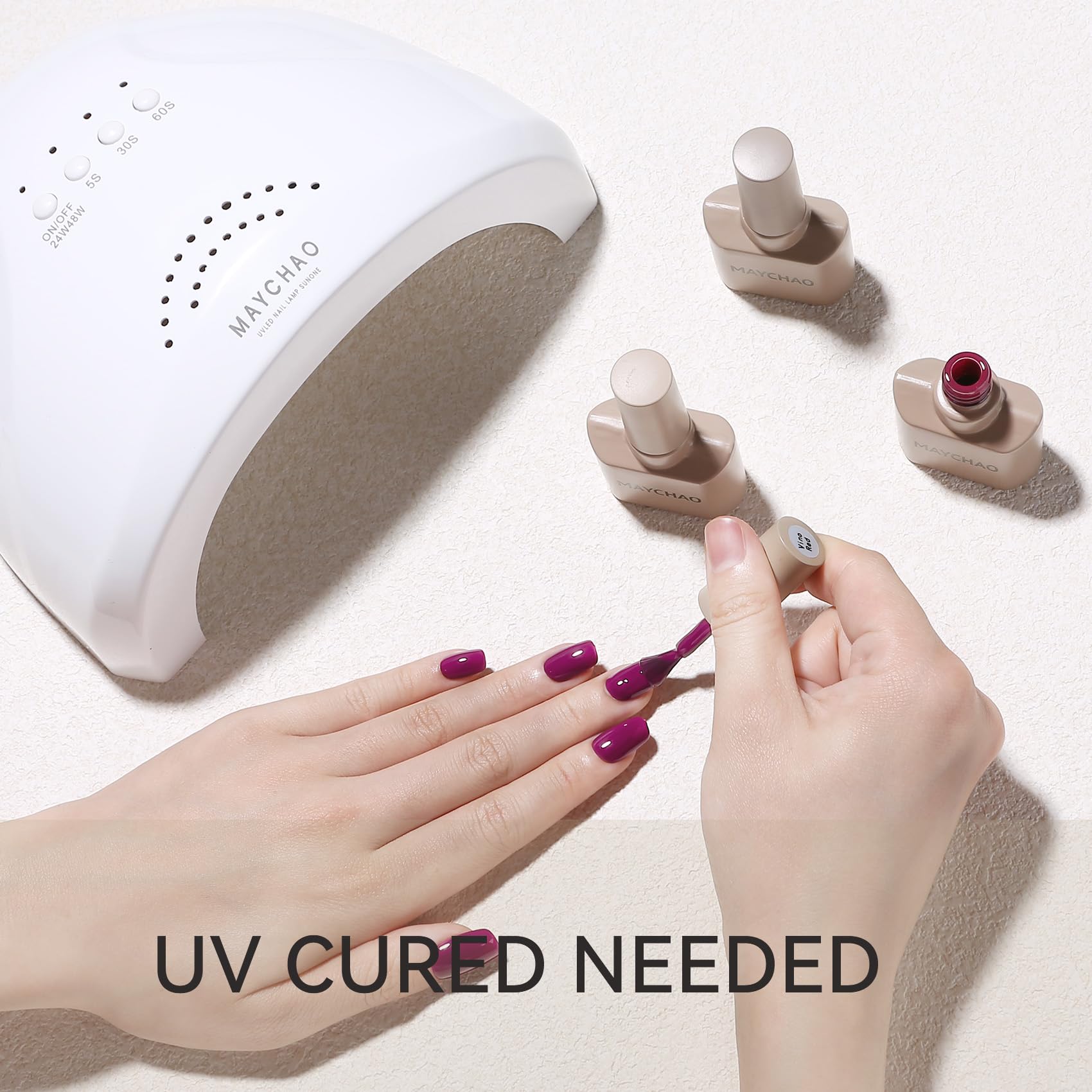 MAYCHAO claret-red nails under UV/LED curing demonstrate longevity.