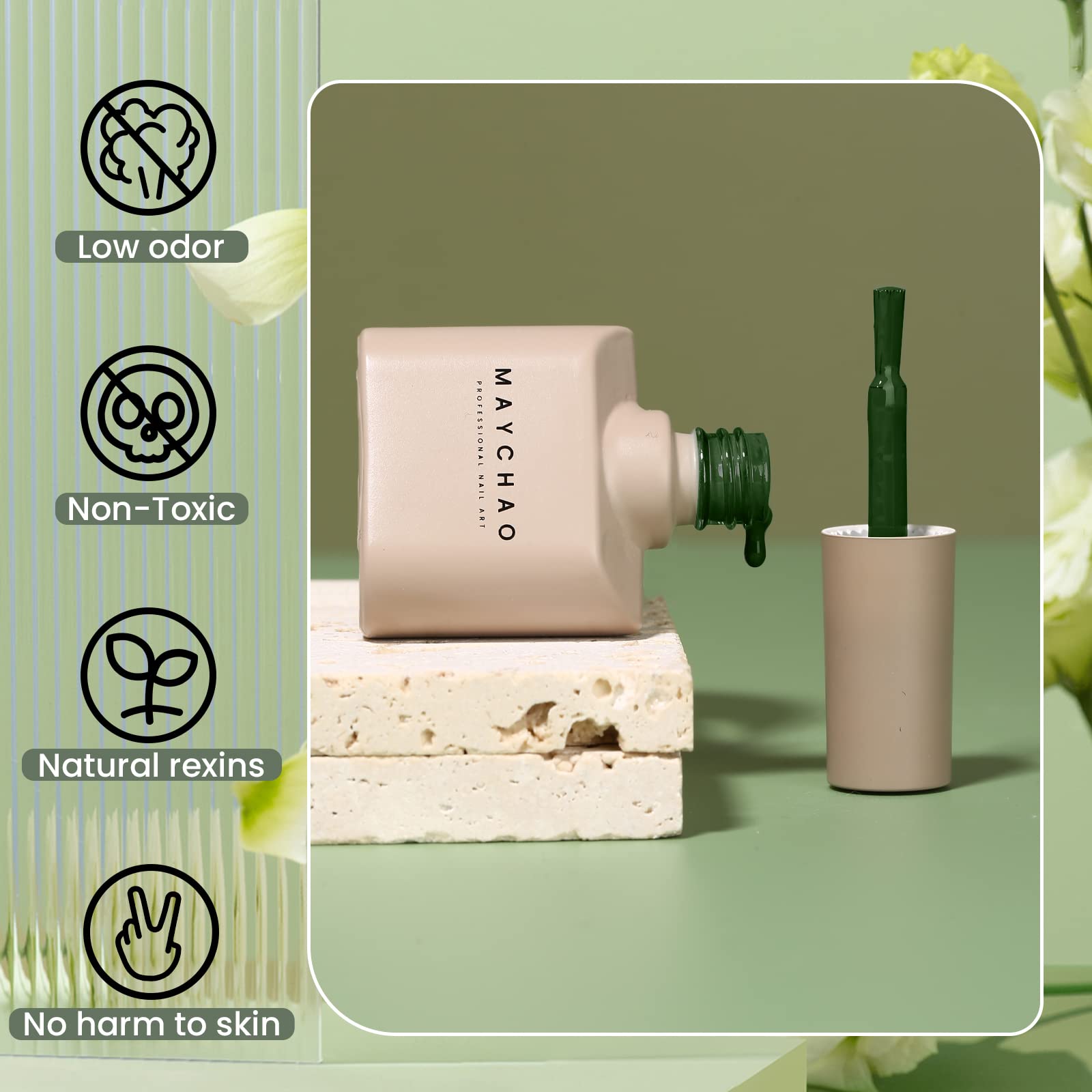 MAYCHAO forest green nail-art close-up showcases vibrant color and crisp design