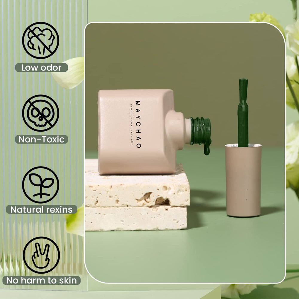 MAYCHAO forest green nail-art close-up showcases vibrant color and crisp design