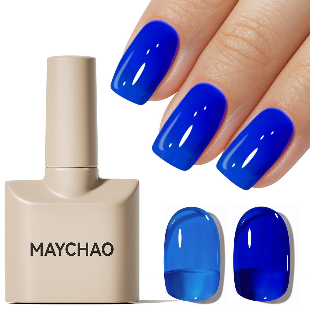 MAYCHAO Jelly Gel Nail Polish Blue Bottle shows vibrant sheer color for at-home manicures.