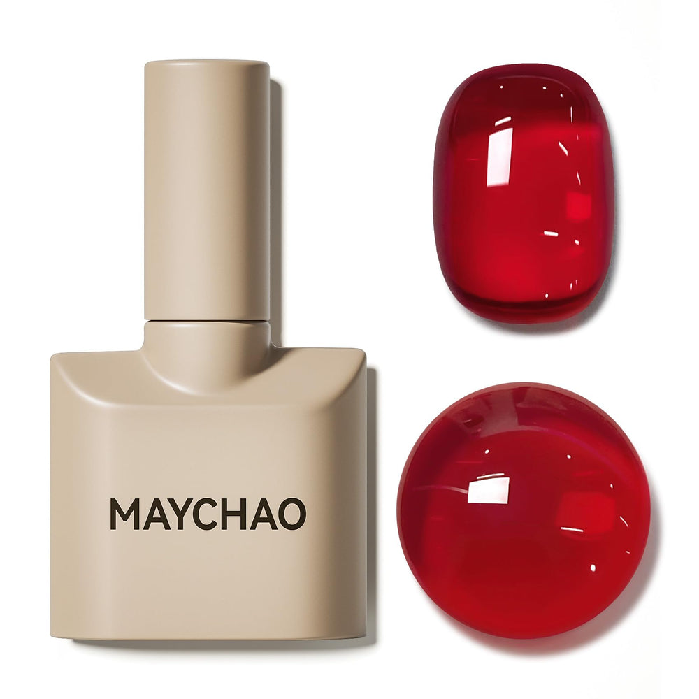 MAYCHAO Jelly Red polish bottle closeup showing rich color and glossy finish for gel nails.