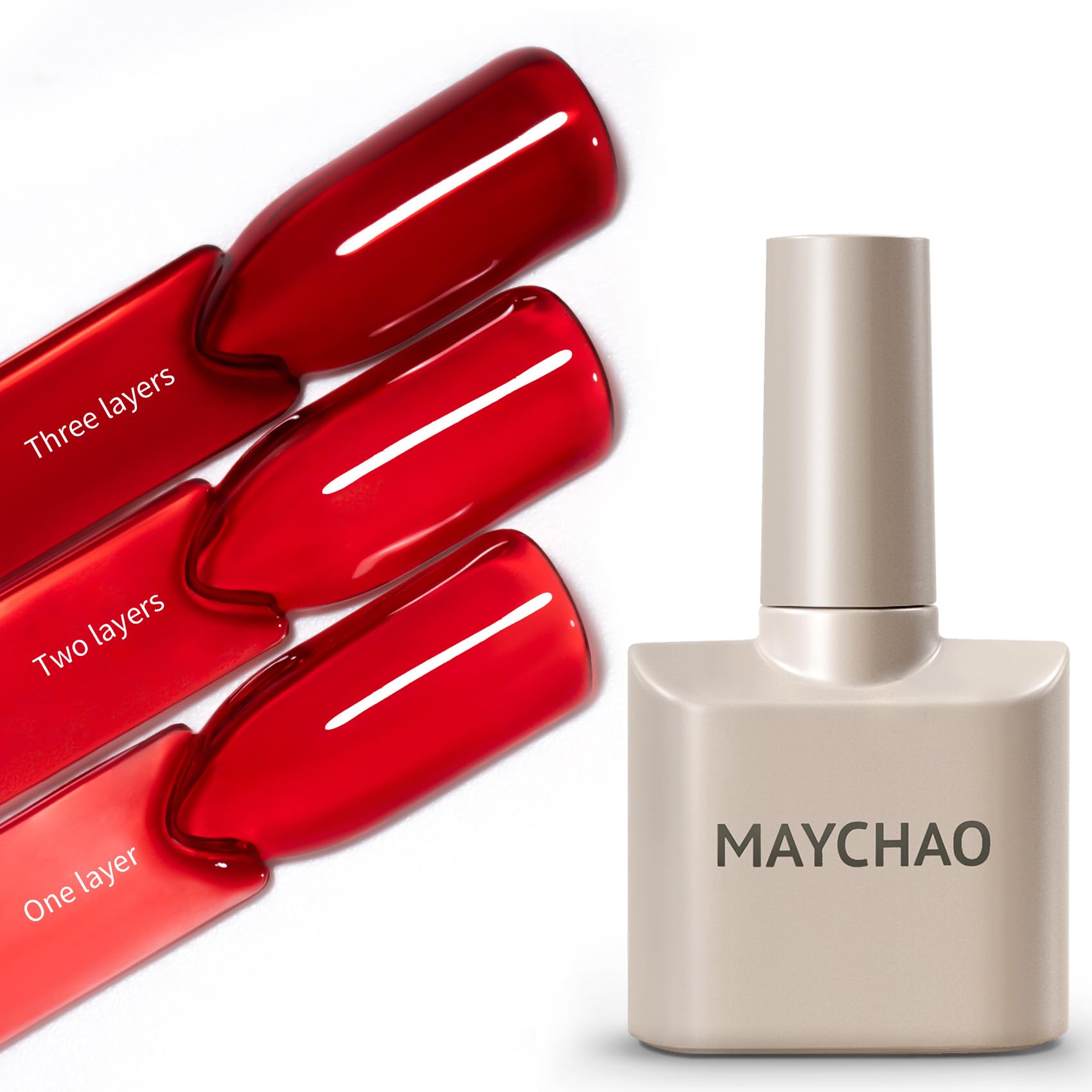 MAYCHAO Jelly Red nail swatch shows semi-sheer finish on natural nails.