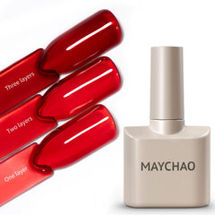 MAYCHAO Jelly Red nail swatch shows semi-sheer finish on natural nails.