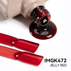 MAYCHAO Jelly Red swatch on nail wheel reveals translucent, sophisticated sheer shade.