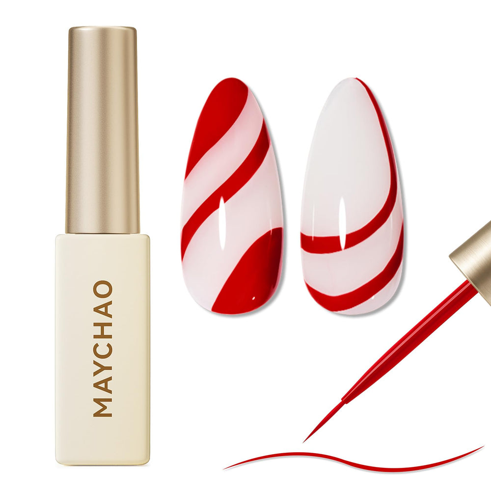 MAYCHAO Red Swirl Gel Liner bottle shows built in thin brush for precise French tips.