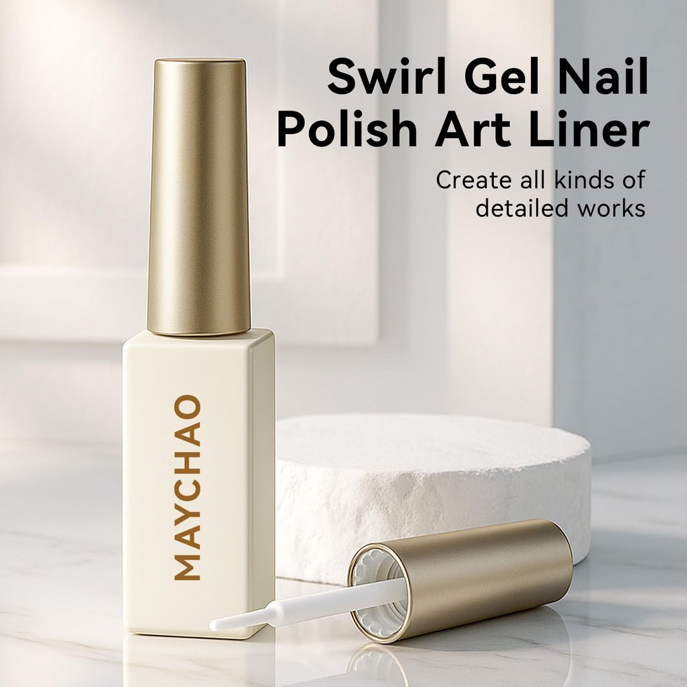 MAYCHAO Red Swirl Gel Liner glossy finish after cure on nail tips.