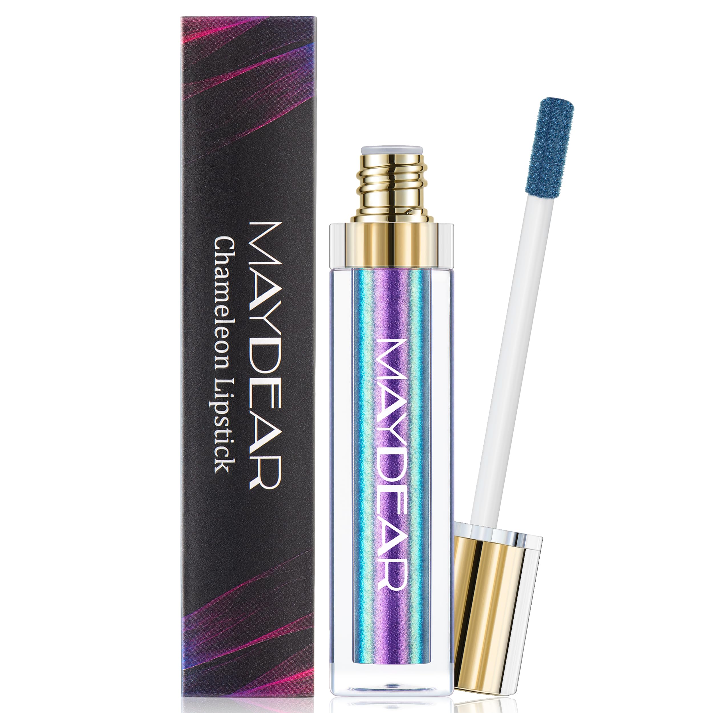 Maydear Chameleon Lipstick blue purple gradient showcased on lips for dramatic multidimensional shimmer.