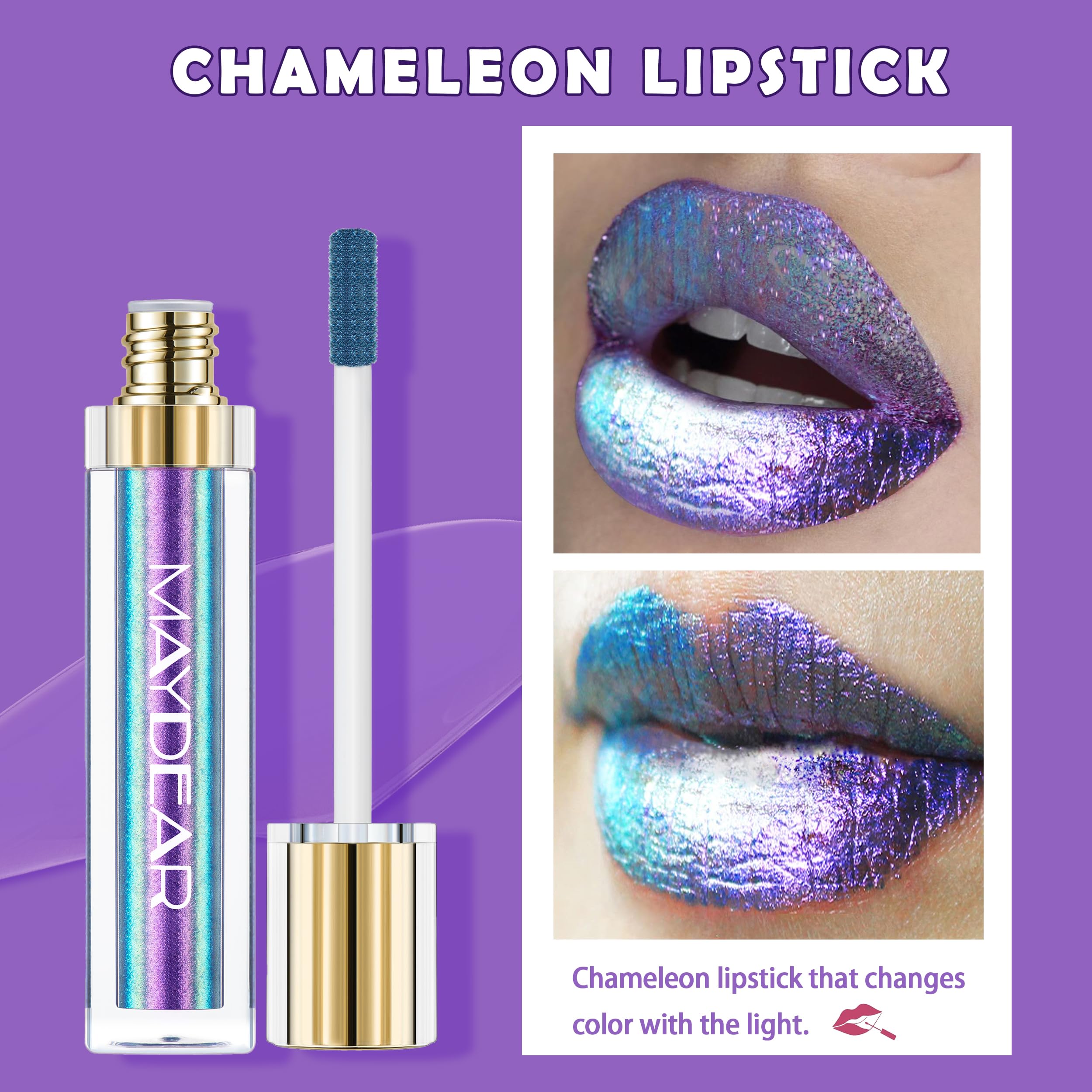 Maydear Chameleon Lipstick long lasting wear on lips with rich pigment.