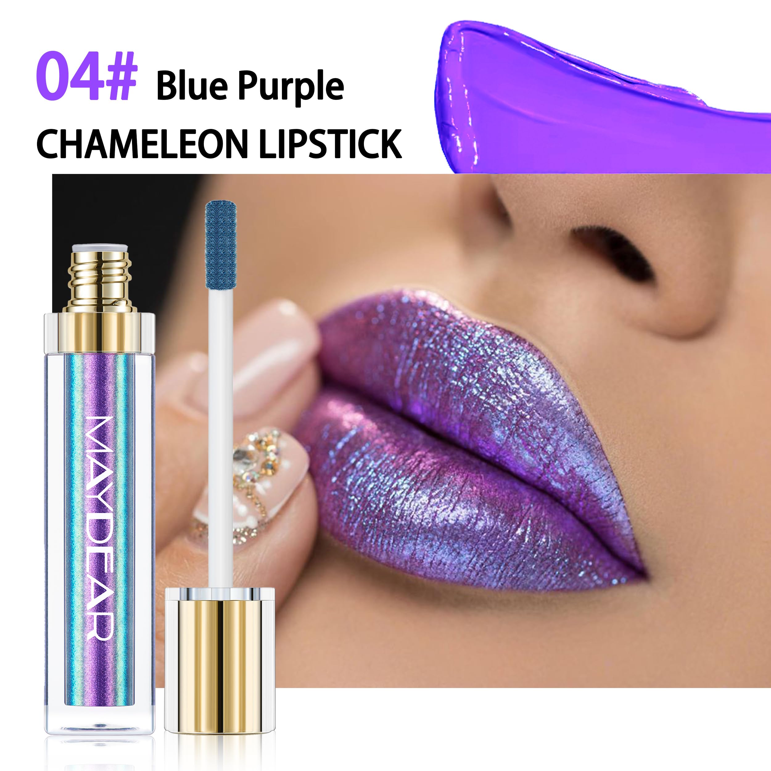 Maydear Chameleon Lipstick metallic finish close-up highlighting day-to-night shine.