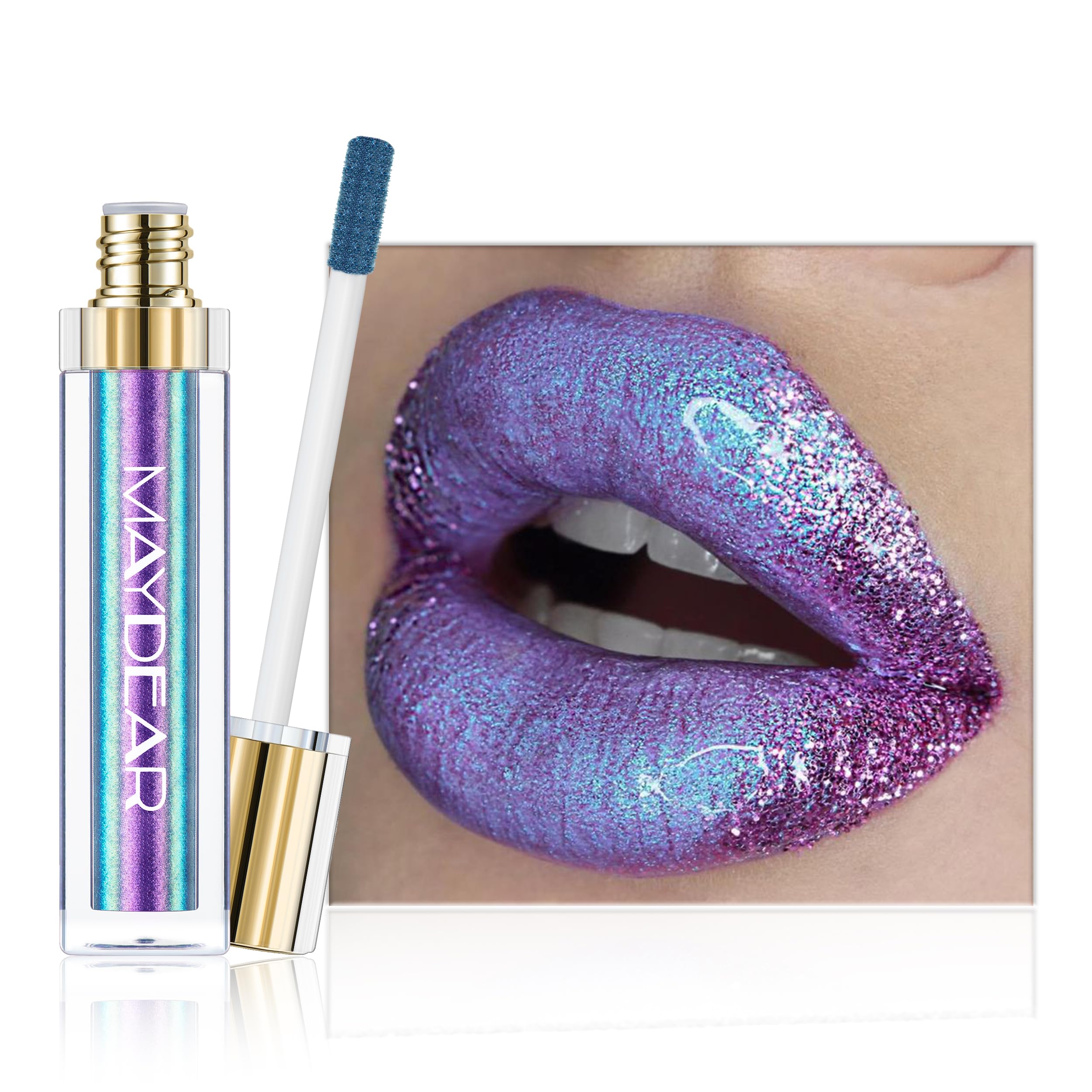 Maydear Chameleon Lipstick rainbow shimmer close-up for bold color payoff and long-lasting wear.