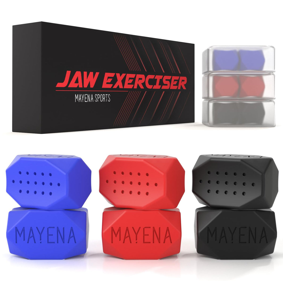 Mayena Jaw Exerciser 3-levels resistance pack for customizable workouts and jawline shaping.