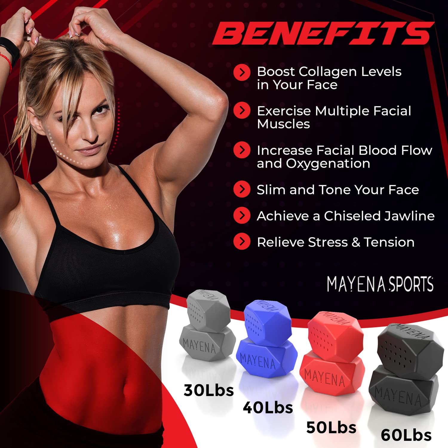 Mayena Jaw Exerciser at 50lbs in-use supports defined jawline during quick sessions.