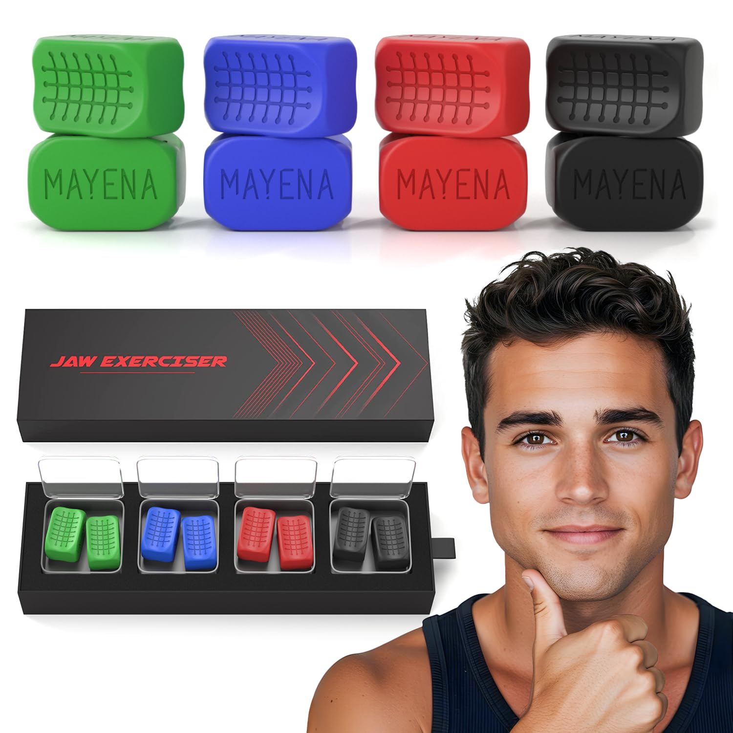 Mayena Sports jaw exerciser 4-pack front view promotes jawline definition across resistance levels