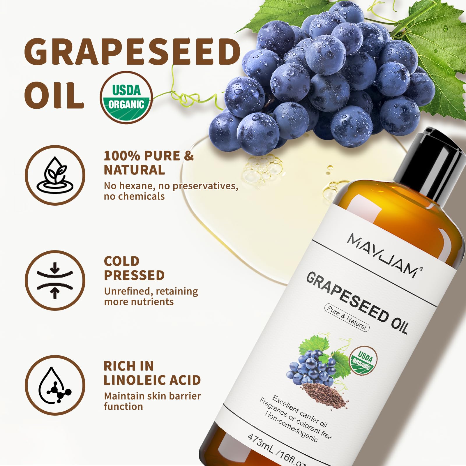 MAYJAM grapeseed oil amber bottle highlights lightweight hydration for skin