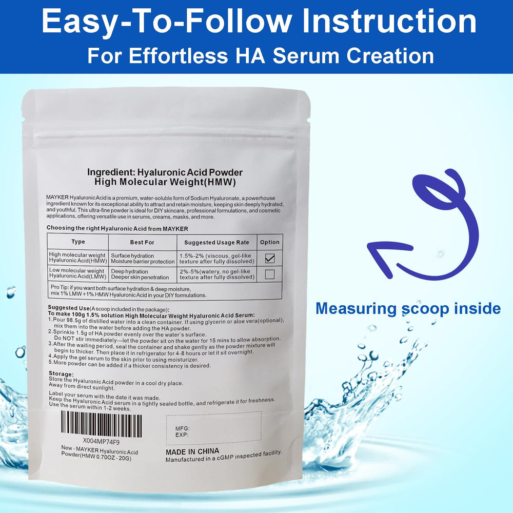 MAYKER Pure Hyaluronic Acid Powder measuring scoop included for accurate DIY formulation